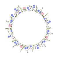 cadre de couronne ronde fleurs sauvages et herbes d'été, illustration vectorielle colorée sur fond blanc, espace pour le texte au milieu vecteur