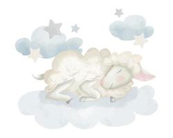 mignon petit mouton dormant sur le nuage avec des étoiles. illustration aquarelle dessinée à la main avec bébé agneau. dessin pour la conception textile pour enfants, graphismes pour bébés pour papiers peints et imprimés. croquis d'animal drôle. vecteur