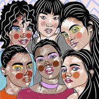 un groupe de filles de différentes nationalités en gros plan, des couleurs vives, du pop art vecteur