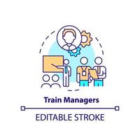 icône de concept de gestionnaires de train. compétences professionnelles. étape vers l'illustration de la ligne mince de l'idée abstraite de transformation. dessin de contour isolé. trait modifiable. vecteur