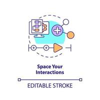 espacez votre icône de concept d'interactions. chronologie. création d'une illustration de ligne mince d'idée abstraite de vidéo éducative. dessin de contour isolé. trait modifiable. vecteur