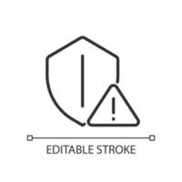 icône linéaire parfaite de pixel d'avertissement de sécurité. violation de la cybersécurité. risque de virus informatique. problème de sécurité. illustration de la ligne mince. symbole de contour. dessin de contour vectoriel. trait modifiable. vecteur