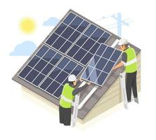 concept de service d'équipe d'installateur de maison sur le toit solaire pour l'écologie de la maison du client et le vecteur d'isolement isométrique d'entreprise écologique
