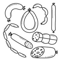 ensemble de saucisses dans un style doodle. illustration vectorielle. porc, saucisses de veau. vecteur