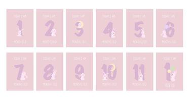 cartes d'étape de bébé lapin mignon fille, clipart de nombres. 1-11 mois et 1 an. imprimé baby shower capturant tous les moments spéciaux. carte d'anniversaire du mois de bébé. impression de pépinière. vecteur