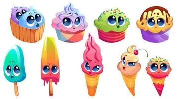 adorables personnages de crème glacée avec des grimaces vecteur