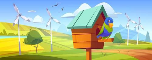 joli perroquet dans un nichoir, des champs et des éoliennes vecteur