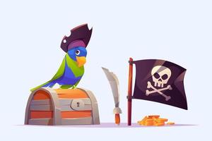 perroquet pirate, coffre au trésor, épée, drapeau noir vecteur