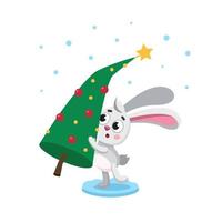 année du zodiaque du lapin. le lièvre tient l'arbre de noël. noël, illustration du nouvel an chinois. symbole du nouvel an lunaire. lapin de dessin animé de vecteur. personnage, mascotte, symbole, signe du nouvel an chinois. vecteur