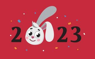 année du zodiaque du lapin. Texte de l'année 2023 avec tête de lapin et confettis, carte postale du nouvel an chinois. symbole du nouvel an lunaire. vecteur