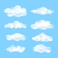 ensemble de nuages moelleux réalistes sur fond bleu. divers nuages blancs. illustration vectorielle. vecteur