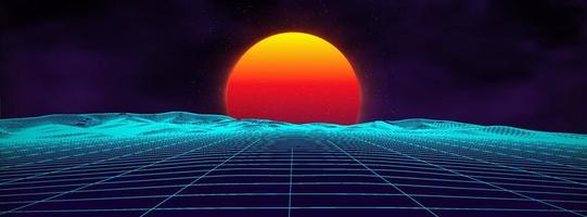 Paysage rétro de fond des années 80. style néon futuriste des années 1980. surface cybernétique. fond de fête. fond de paysage d'été de science-fiction rétro des années 80. vecteur