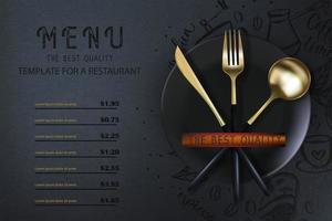 fourchette et cuillère dorées 3d réalistes sur fond noir grunge. affiche moderne à la mode pour un restaurant. illustration vectorielle vue de dessus. vecteur
