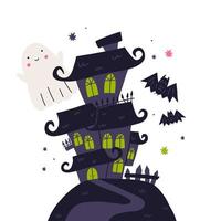 maison hantée sur la colline avec un fantôme mignon volant et des chauves-souris, illustration de vecteur plat de dessin animé isolé sur fond blanc. décoration effrayante d'halloween. maison hantée effrayante abandonnée et fantôme.