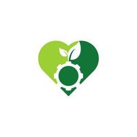 création de logo vectoriel de concept de forme de coeur de feuille d'engrenage. éco-énergie verte, technologie et industrie.