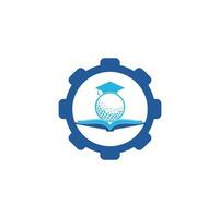 vecteur de conception de logo de forme d'engrenage de golf de livre de graduation. Élément de conception de logo icône livre de golf