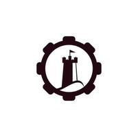 château vague engrenage forme concept logo vecteur icône illustration. château simple et logo de vague océanique
