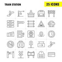 les icônes de la ligne de la gare sont définies pour l'infographie le kit uxui mobile et la conception d'impression incluent l'entrée de la gare de métro le train de chemin de fer le jeu d'icônes de signe de chemin de fer vecteur