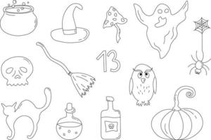 illustration de dessins d'halloween. dessins d'halloween heureux mis en éléments en noir et blanc. illustration vectorielle. clipart numérique mignon pour enfants. griffonnages d'halloween. vecteur