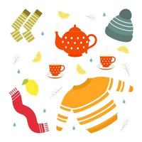 illustration vectorielle. sélection d'icônes d'automne. vêtements, thé chaud au citron. vecteur
