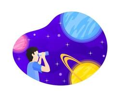 garçon d'astronomie avec un regard binoculaire sur le ciel étoilé et les planètes science education dessin animé illustration vectorielle vecteur