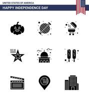 9 signes de glyphes solides pour la fête de l'indépendance des états-unis bâtiment historique barbecue états-unis américains modifiables éléments de conception vectorielle de la journée des états-unis vecteur