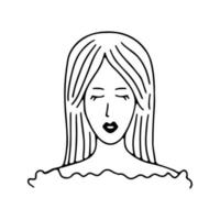 doodle jeune fille avec portrait de cheveux longs. visage, tête de femme. icône dessinée à la main à la mode. illustration vectorielle noir et blanc. croquis de griffonnage dessiné à la main. parfait pour les médias sociaux, les avatars, le site Web, l'affiche vecteur