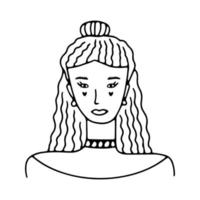 doodle jeune fille à la mode avec portrait de longs cheveux bouclés. icône dessinée à la main à la mode. illustration vectorielle noir et blanc. portrait avec une expression faciale positive. croquis de griffonnage dessiné à la main vecteur