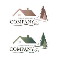 logo sous la forme d'une maison dans la forêt. style moderne et minimaliste, éléments géométriques, tons pastel et dorés calmes. illustration de logo vecteur