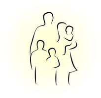 silhouette d'un père de famille mère et enfants. illustration familiale chaleureuse dans les tons dorés vecteur
