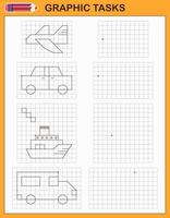 tâches graphiques. jeu éducatif pour les enfants d'âge préscolaire. des feuilles de travail pour pratiquer la logique et la motricité. jeu pour enfants. tâches graphiques avec différents objets et éléments. illustration vectorielle vecteur