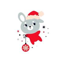 le joli lapin du nouvel an est un symbole de l'année. un lièvre dans un bonnet rouge et un ballon de noël vecteur