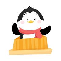 un pingouin mignon est assis dans une boîte cadeau vecteur