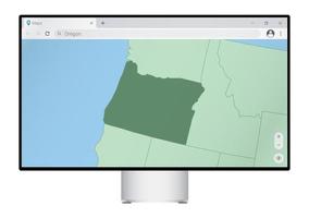 écran d'ordinateur avec carte de l'oregon dans le navigateur, recherchez le pays de l'oregon sur le programme de cartographie Web. vecteur