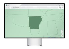 écran d'ordinateur avec carte de l'arkansas dans le navigateur, recherchez le pays de l'arkansas sur le programme de cartographie Web. vecteur