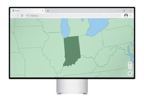 écran d'ordinateur avec carte de l'indiana dans le navigateur, recherchez le pays de l'indiana sur le programme de cartographie Web. vecteur