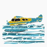 avion de ponton de vue latérale modifiable survolant une illustration vectorielle de lac ondulé dans le style de coups de pinceau pour la conception liée au transport ou aux loisirs vecteur
