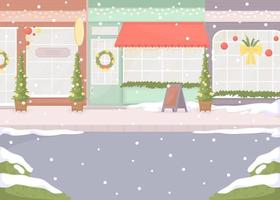 rue de la ville avec illustration vectorielle de couleur plate de flocons de neige tombant. fête de Noël. scène du pays des merveilles. paysage urbain de dessin animé simple 2d entièrement modifiable avec des paysages de noël sur fond