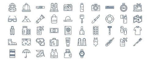 collection d'icônes liées aux accessoires de voyage, y compris des icônes comme sac à dos, bonnet, livre, appareil photo et plus encore. illustrations vectorielles, ensemble parfait de pixels vecteur