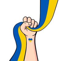 sauvez la manifestation de l'ukraine, arrêtez l'affiche de protestation pacifique de la guerre. poing de bras humain avec drapeau ukrainien. illustration vectorielle de fond avec espace de copie vecteur