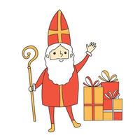 croquis de saint nicolas doodle personnage de dessin animé mignon sinterklaas avec des cadeaux, illustration de vecteur de pile de coffrets cadeaux isolé sur fond blanc. dessin de contour de ligne de contour de st nick.