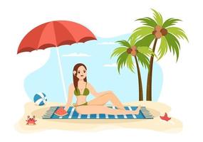 maillots de bain avec différents modèles de bikinis et maillots de bain pour femmes à la plage d'été en illustration de modèles dessinés à la main de dessin animé de style plat vecteur