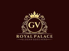 lettre gv logo victorien de luxe royal antique avec cadre ornemental. vecteur