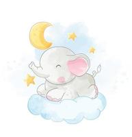 bébé éléphant couché sur nuage avec lune vecteur