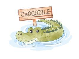 dessin animé, crocodile, dans, étang, à, signe bois vecteur