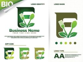 création de logo de lettre f de nourriture saine avec feuille verte créative vecteur