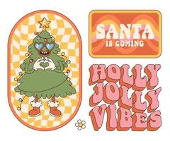 autocollants de Noël hippie groovy. le père noël arrive, arbre de noël, holly jolly dans un style de dessin animé rétro. vecteur