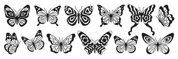 autocollants d'art de tatouage de papillon. croquis noirs. illustration vectorielle dessinée à la main, silhoette papillon. vecteur