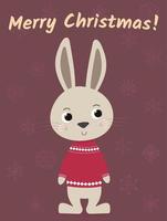 carte postale de noël avec lapin mignon en pull rouge avec texte joyeux noël sur fond de flocons de neige vecteur