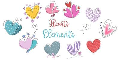 ensemble vectoriel d'éléments en forme de coeur conçu dans un style doodle pour la décoration, l'autocollant, l'impression numérique, la conception de cartes, la saint-valentin, le cadeau et plus encore.